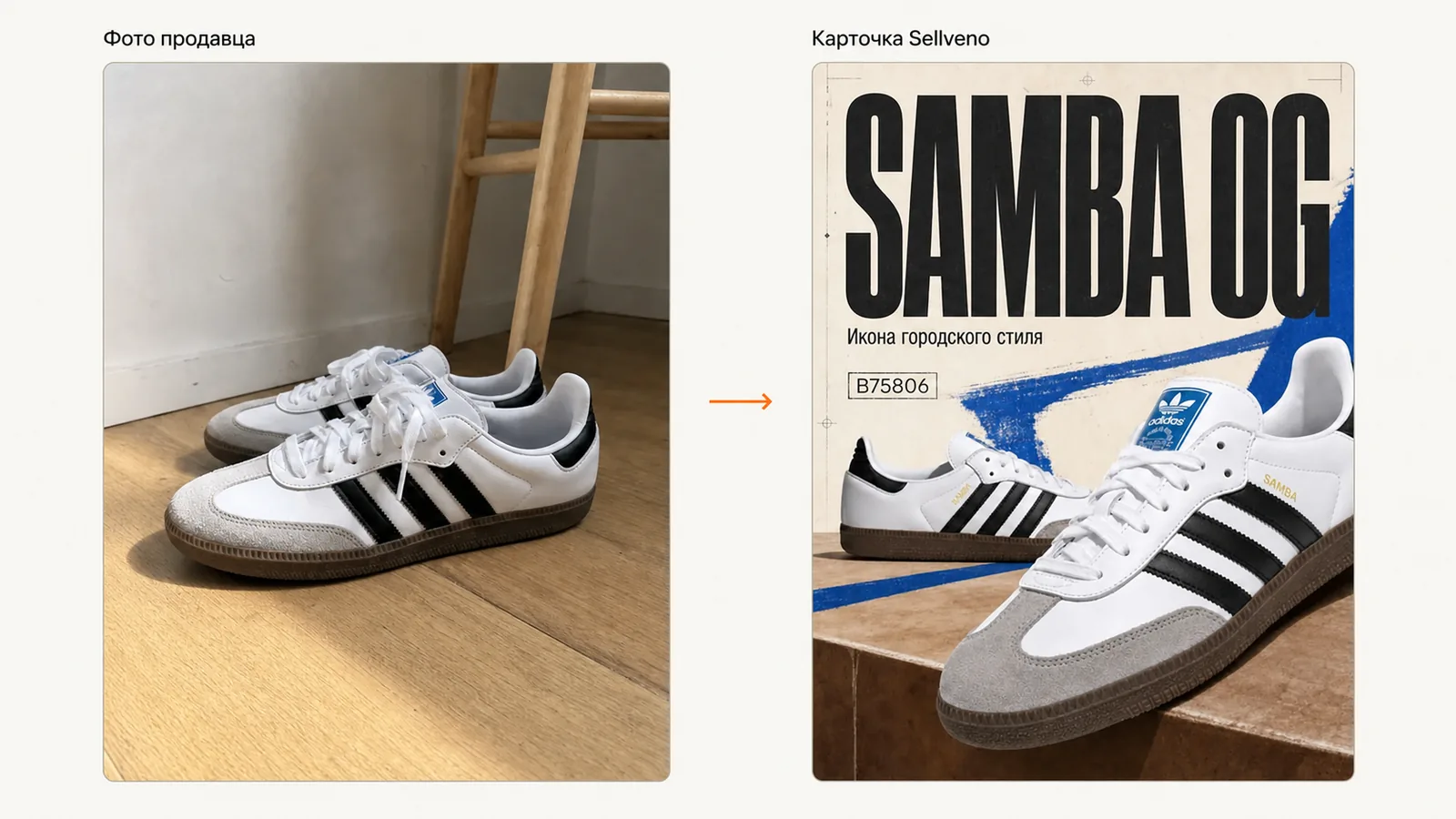 Слева бытовое фото кроссовок adidas Samba на полу у стены, справа готовая карточка Sellveno: товар тот же, сцена и графика новые