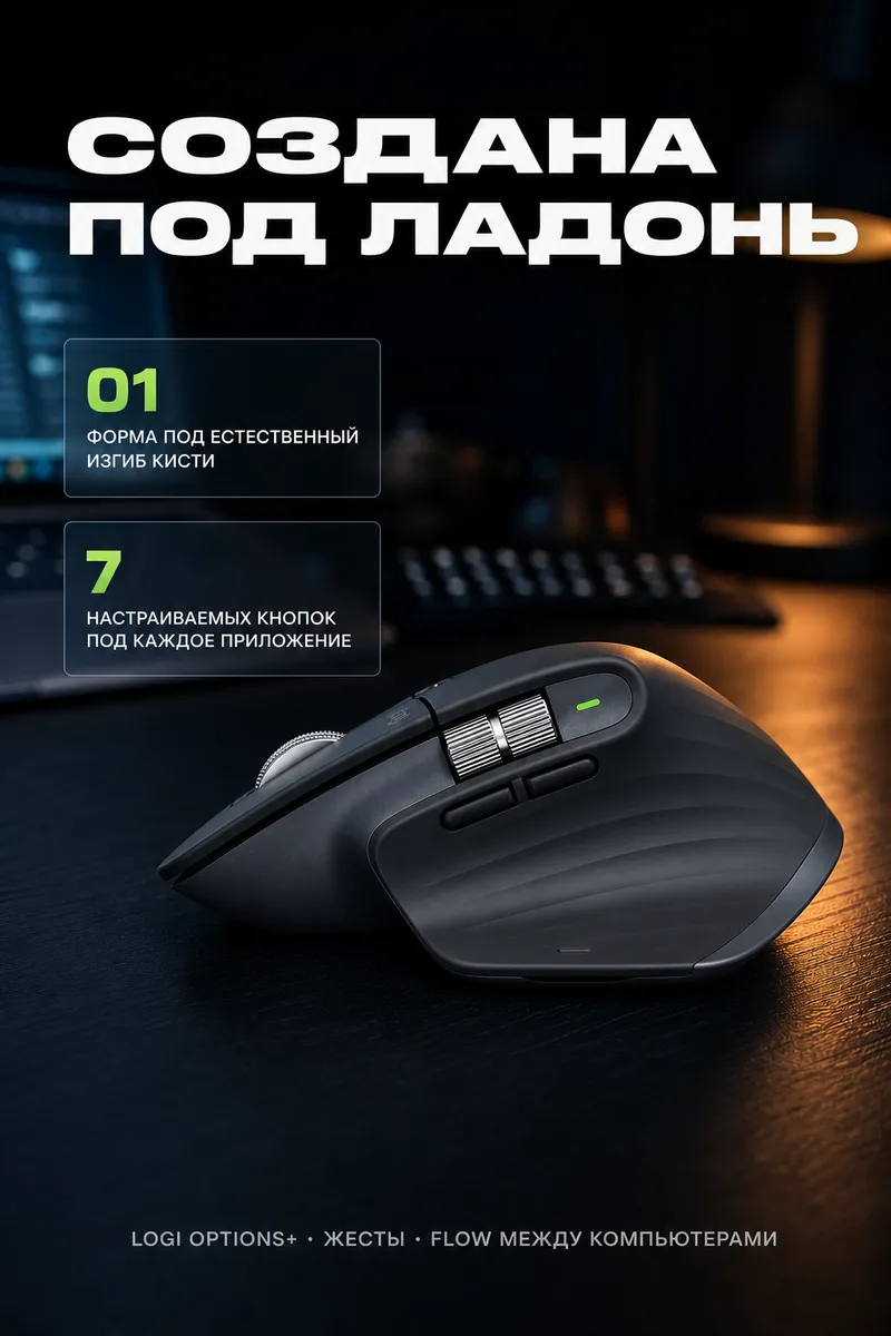 Карточка Logitech MX Master 3S о форме под ладонь и настраиваемых кнопках