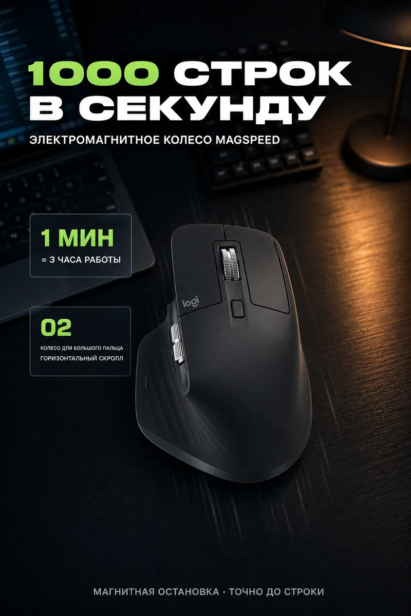 Карточка Logitech MX Master 3S об электромагнитном колесе MagSpeed
