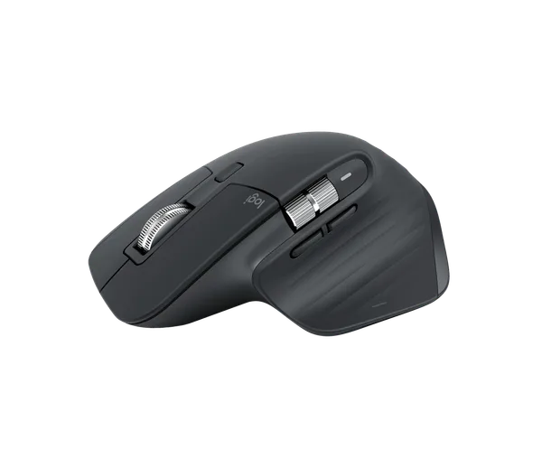 Тёмно-серая мышь Logitech MX Master 3S, вид спереди и сбоку