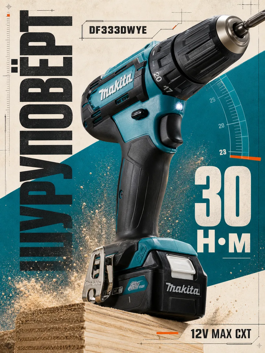 Обложка Makita DF333DWYE с шуруповёртом, крутящим моментом 30 ньютон-метров и отметкой 12V MAX CXT