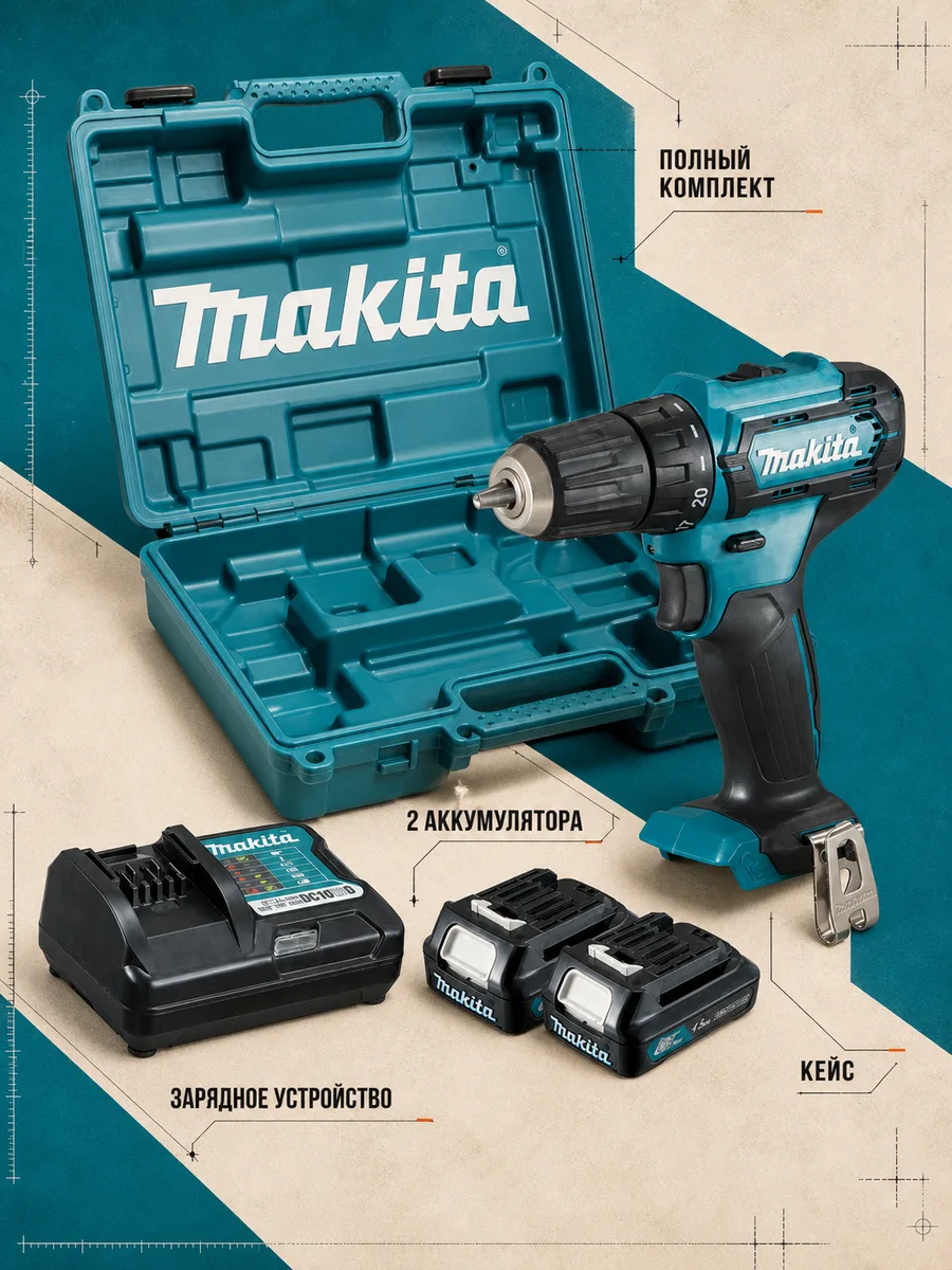 Карточка Makita с кейсом, зарядным устройством и двумя аккумуляторами, каждый элемент подписан