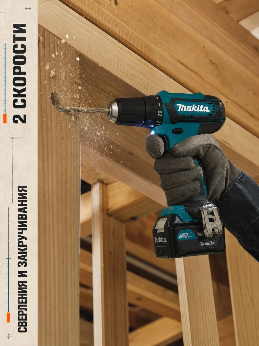 Карточка Makita: рука в перчатке сверлит деревянную стойку, отметка про две скорости