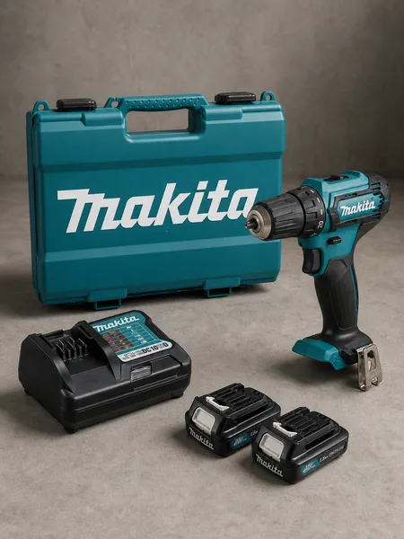 Комплект Makita на сером фоне: кейс, шуруповёрт, зарядное устройство и два аккумулятора